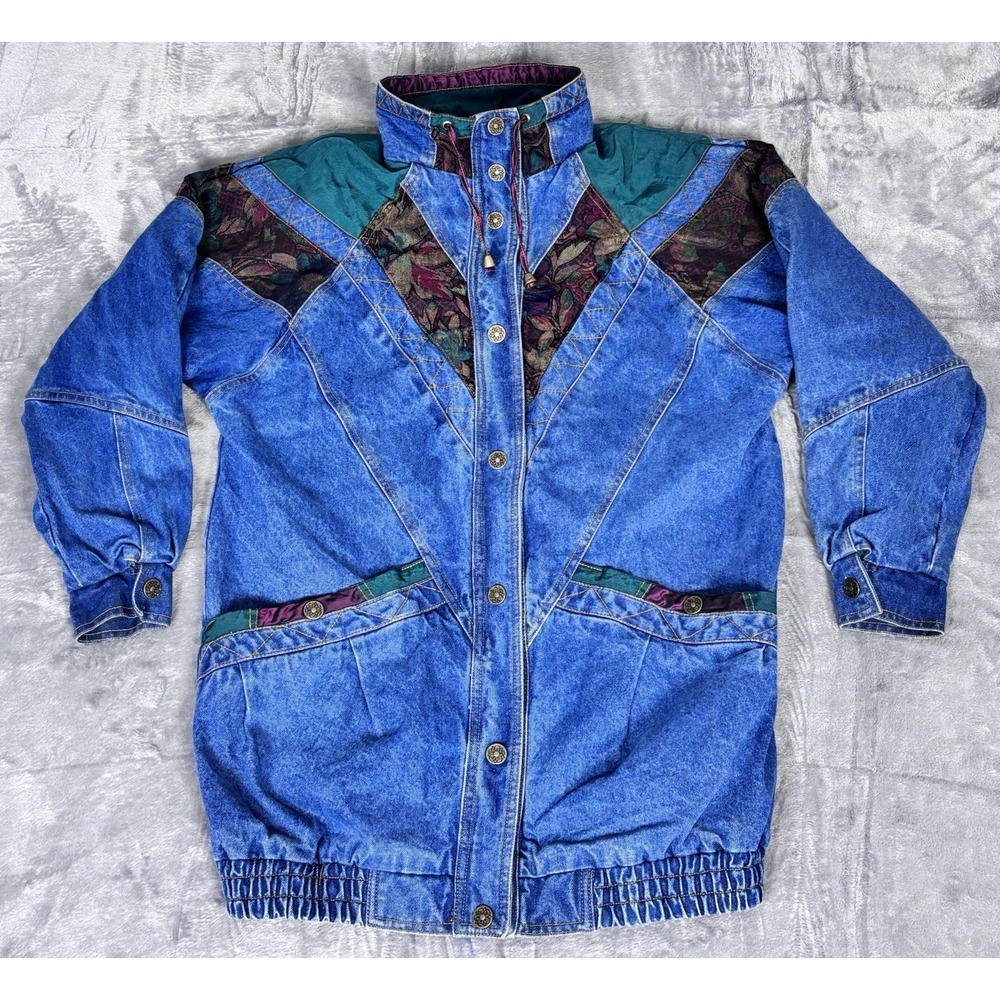 Vintage 80s Current Seen Denim‎ Barn Jacket Floral Fleece Lined Womens Size M